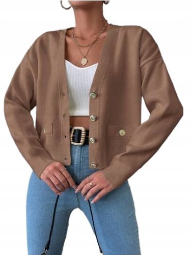 SHEIN SWETER BRĄZOWY Z DŁUGIM RĘKAWEM NA GUZIKI ŁOB