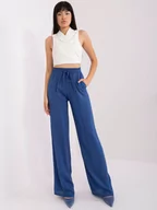 Spodnie damskie - Spodnie z materiału ciemny niebieski casual materiałowe palazzo nogawka szeroka wiązanie - miniaturka - grafika 1