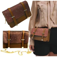 Torebki damskie - Brązowa Torebka Kopertówka Z Brokatem Na Łańcuszku Wizytowa Listonoszka - miniaturka - grafika 1