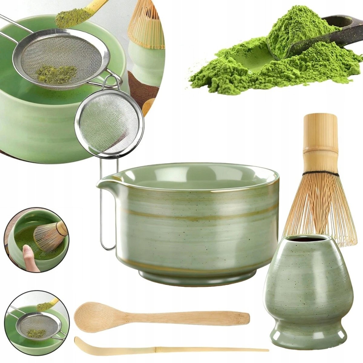Akcesoria do Robienia Matchy, Zestaw do Matcha z Miską Ceramiczną Zielony
