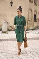 Sukienki - Lniana sukienka szmizjerka szmaragdowa zieleń - miniaturka - grafika 1