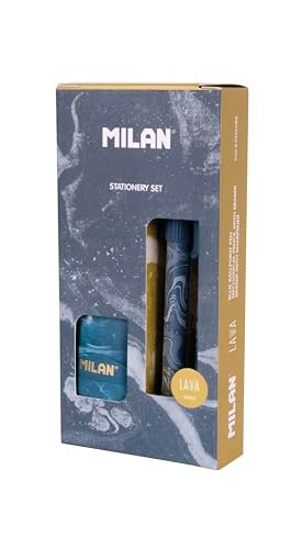 MILAN® Pudełko prezentowe z serii Lava z długopisem P1, ołówkiem mechanicznym PL1 0,5 mm HB i ostrzałką CAPSULE, niebieskie