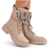 Botki damskie - S.Barski Eko Skórzane Botki Workery Ze Zdobieniem Ocieplane D&A MR880-080 Beżowe beżowy - miniaturka - grafika 1