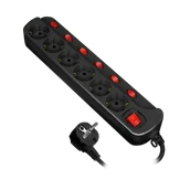 Listwy zasilające - Listwa zasilająca "Multiswitch", 6 gniazd 2P+Z (Schuko), kabel 3x1,0mm?, długość 1,5m. Wyłącznik termiczny. 10A/230 VAC, czarny - miniaturka - grafika 1