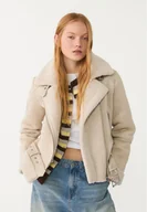 Kurtki damskie - Stradivarius Kurtka biker ze sztucznego zamszu Ecru XS - miniaturka - grafika 1