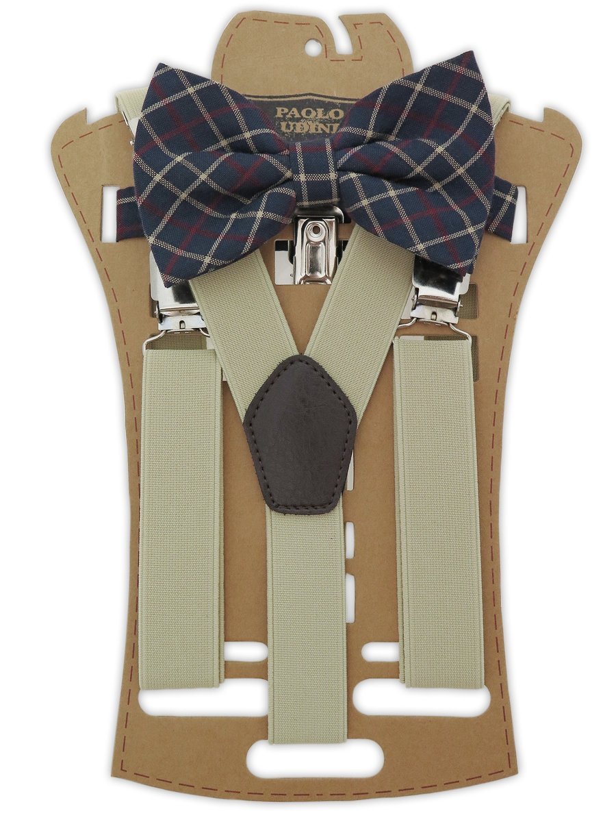 Granatowo-beżowy zestaw - gładkie szelki i mucha w kratkę XM18