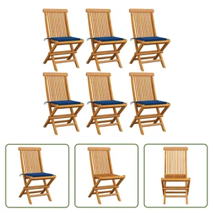 The Living Store Krzesła ogrodowe z niebieskimi poduszkami 6 szt. Lite drewno tekowe - Fotele i krzesła ogrodowe - miniaturka - grafika 1