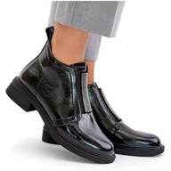 Botki damskie - S.Barski Skórzane Lakierowane Niskie Botki Ze Zdobieniem Na Zamek D&A MR880-142 Czarne - miniaturka - grafika 1