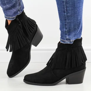 Czarne jesienne botki damskie, kowbojki z frędzlami S.Barski 127 - S.BARSKI - Botki damskie - miniaturka - grafika 1
