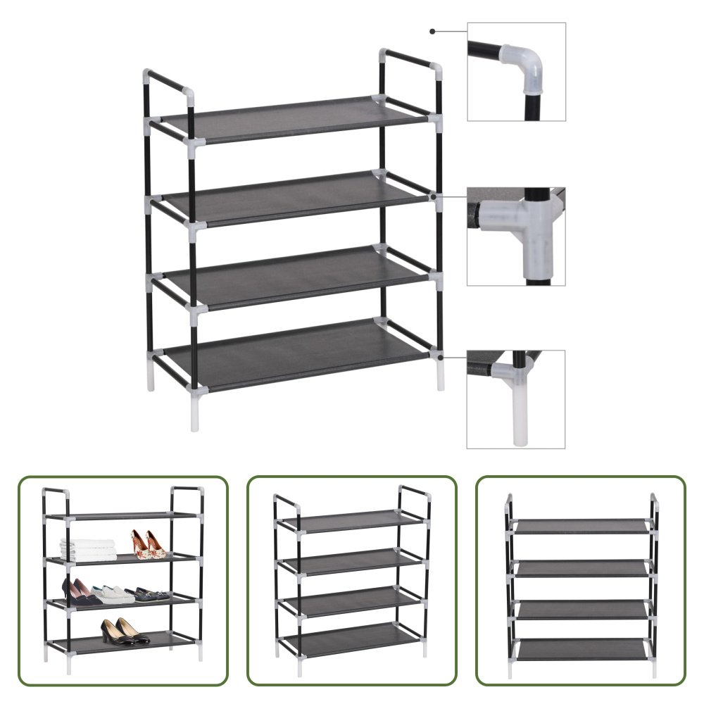 The Living Store Stojak na buty z 4 półkami, metal i włóknina, czarny