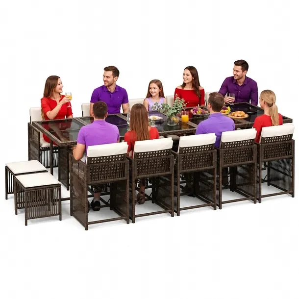 Zestaw mebli ogrodowych brązowy, 330 x 106 x 73 cm, rattan PE, szkło hart