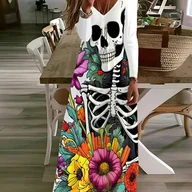 Sukienki - TEMU Damska gotycka sukienka z kwiatowym i czaszkowym nadrukiem, dekolt V, długi rękaw, bufiaste rękawy i silueta A - Żywy, wielokolorowy kwiatowy i - miniaturka - grafika 1