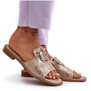 Eleganckie Błyszczące Klapki Damskie Z Ozdobą S.Barski KV27-032 Złote złoty - Klapki i japonki damskie - miniaturka - grafika 1