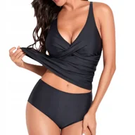 Stroje kąpielowe - STRÓJ KĄPIELOWY TANKINI DWUCZĘŚCIOWY KOSTIUM KOSZULKA BLUZKA FIGI CZARNY S - miniaturka - grafika 1