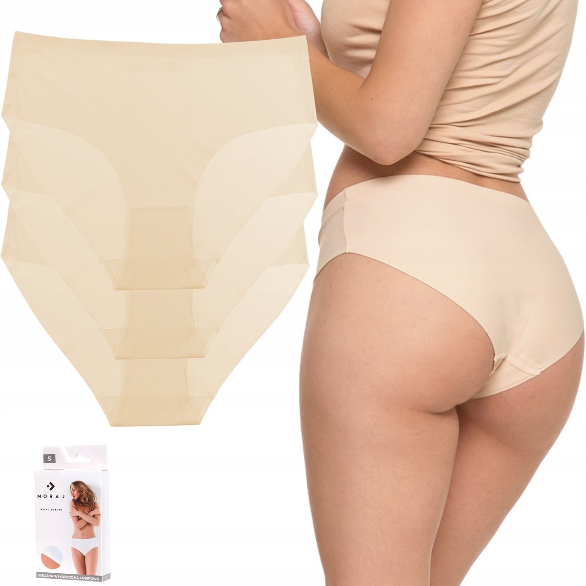 3X MAJTKI DAMSKIE BEZSZWOWE LASEROWO CIĘTE WYGODNE WYSOKI STAN MORAJ S BEIGE