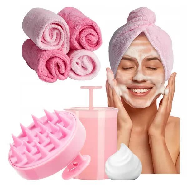 Ręcznik Turban do włosów z mikrofibry + Szczotka do mycia masażu głowy + Spieniacz do szamponu ZESTAW Laroxy