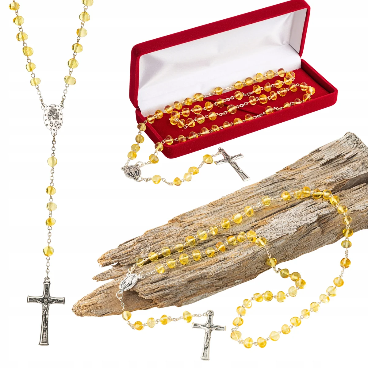 Różaniec BURSZTYNU NATURALNEGO „CYTRYNA” premium PL w ETUI