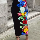 Spódnice - TEMU Damska spódnica w kwiaty - Żywy róż i wielokolorowy wzór kwiatowy, podkreślający sylwetkę krój idealny na co dzień i na specjalne okazje, odzież - miniaturka - grafika 1