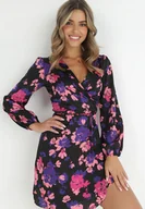 Sukienki - Czarna Sukienka Kopertowa w Kwiaty Alisia - miniaturka - grafika 1