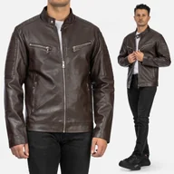 Kurtki męskie - Męska kurtka brązowa z ekoskóry biker ze srebrnymi zamkami i pikowaniami 5113-74 L Brązowy - miniaturka - grafika 1