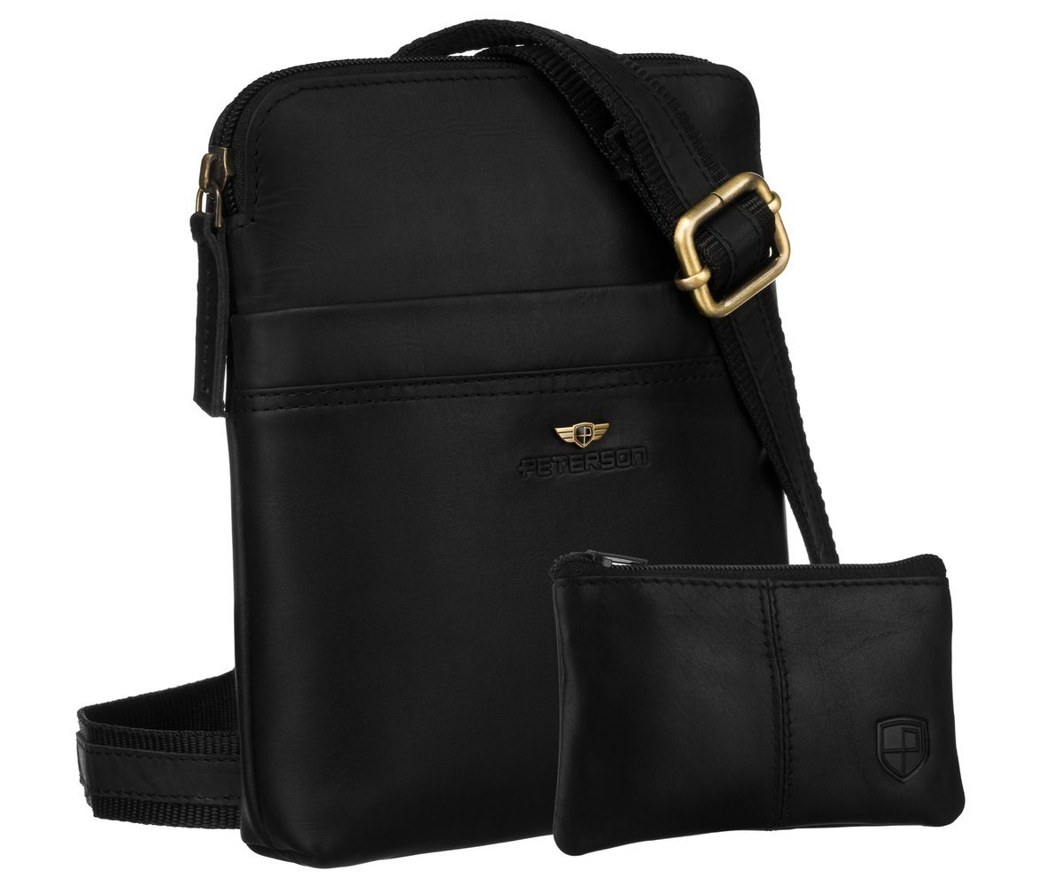 Modna torebka męska skórzana PETERSON mała czarna listonoszka na ramię miejska saszetka na suwak slim kieszonki na drobiazgi telefon + etui na klucze