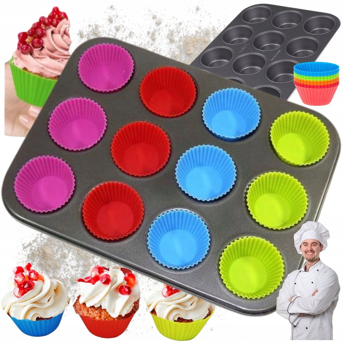 BLACHA Forma DO MUFFINEK + FOREMKI SILIKONOWE Blacha DO PIECZENIA na 12szt.