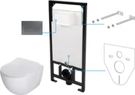 Stelaże i zestawy podtynkowe do WC - Deante Peonia zestaw 6w1 miska WC wisząca bez kołnierza z deską wolnoopadającą, stelażem i przyciskiem spłukującym białym CDET6ZPW - miniaturka - grafika 1