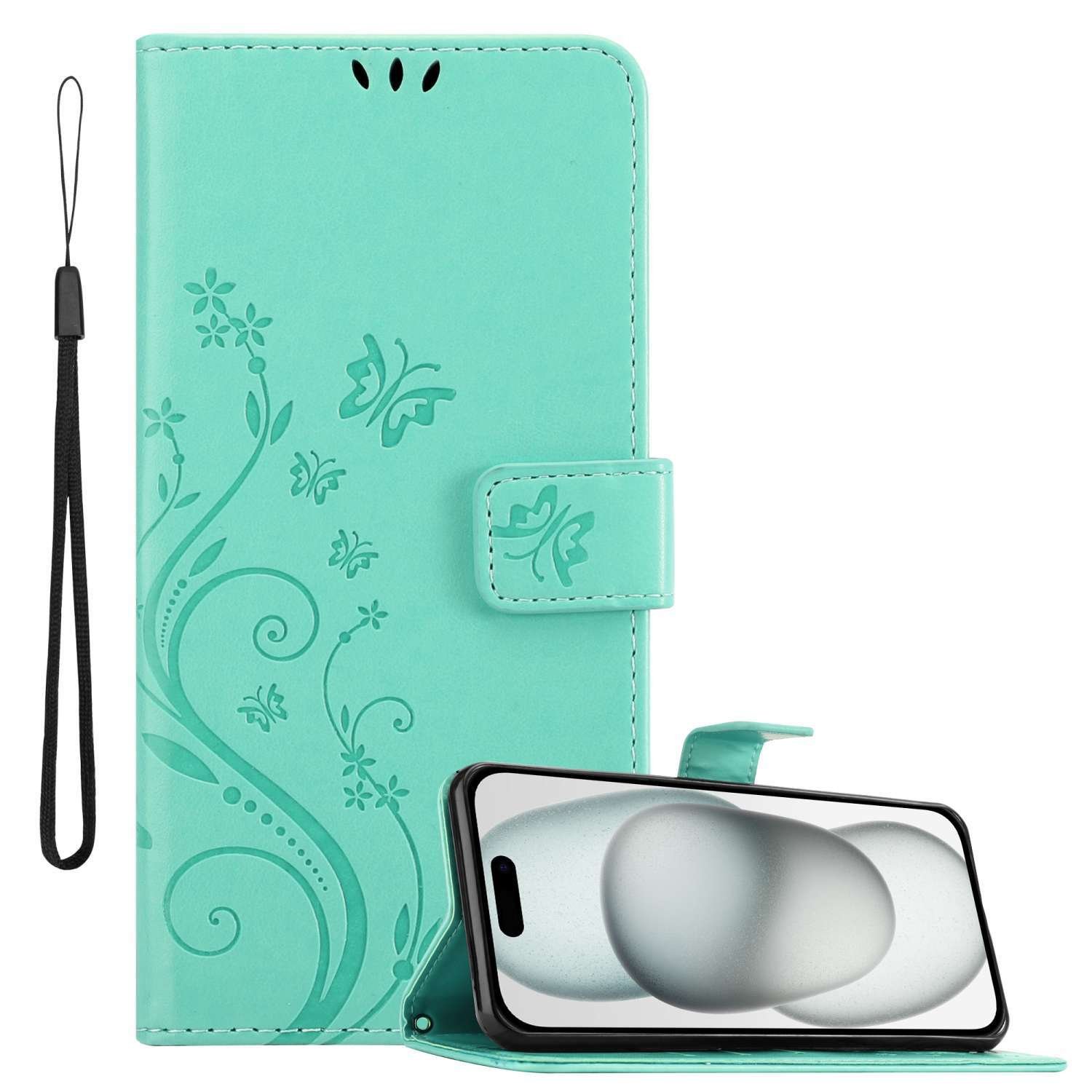 Cadorabo pokrowiec na Apple iPhone 15 w kolorze FLORAL TURQUOISE pokrowiec ochronny w kwiatowy wzór z zapięciem magnetycznym, funkcją podstawki i kieszeniami na karty etui z klapką w kwiaty etui na telefon komórkowy etui na książkę