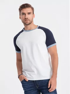 Koszulki męskie - T-shirt męski bawełniany z reglanem - biało-granatowy V6 S1623 - grafika 1