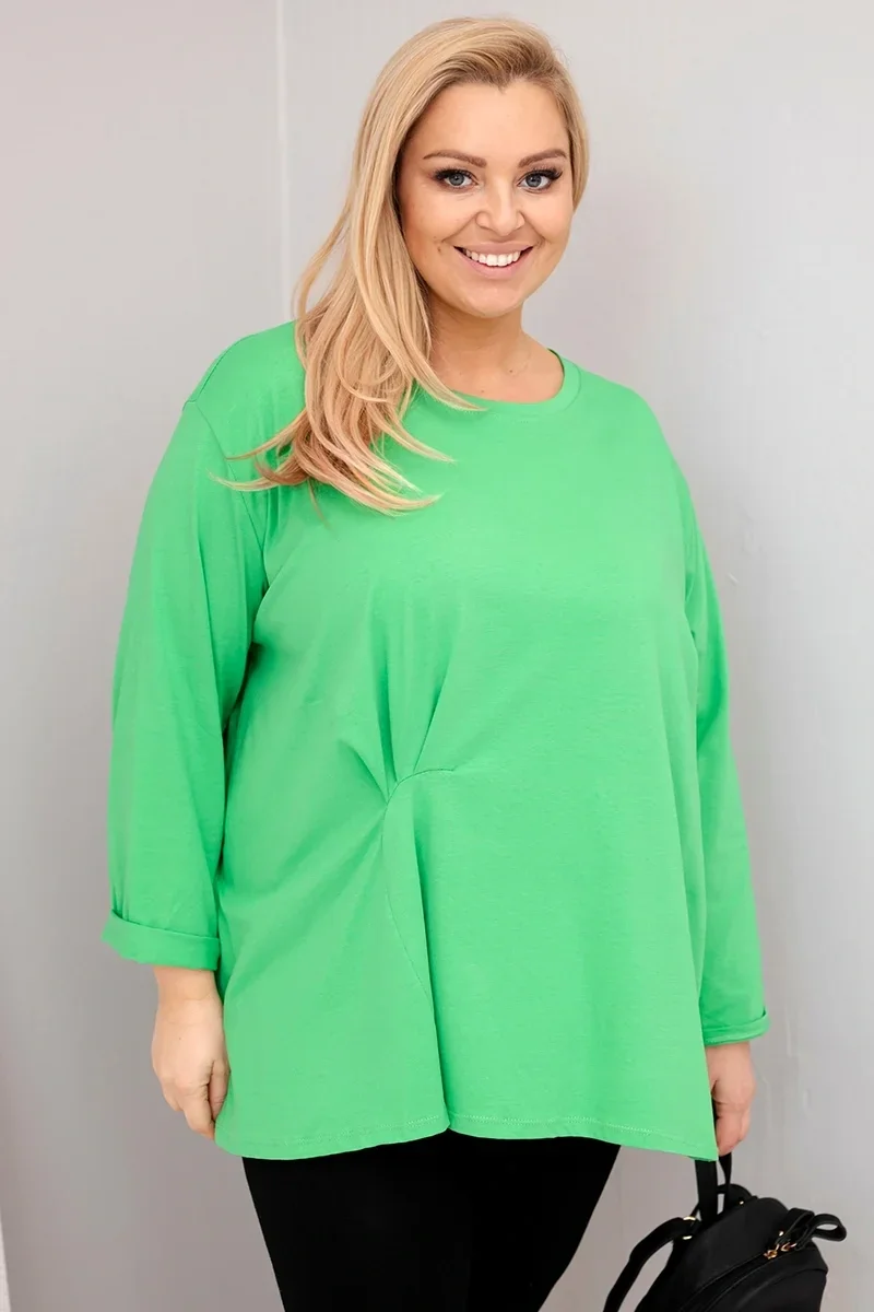 Bluzka damska plus size z bawełną z długim rękawem i marszczeniem jasno zielona Jasny Zielony
