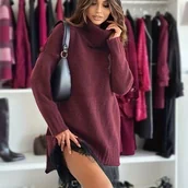 Swetry damskie - TEMU Elegancka Długa Sukienka Sweterowa na Zimę dla Kobiet – Wysoki Kołnierz, Rozcięcie, Luźny Fason, Maksymalna Długość, Jednokolorowa, Pranie w - miniaturka - grafika 1