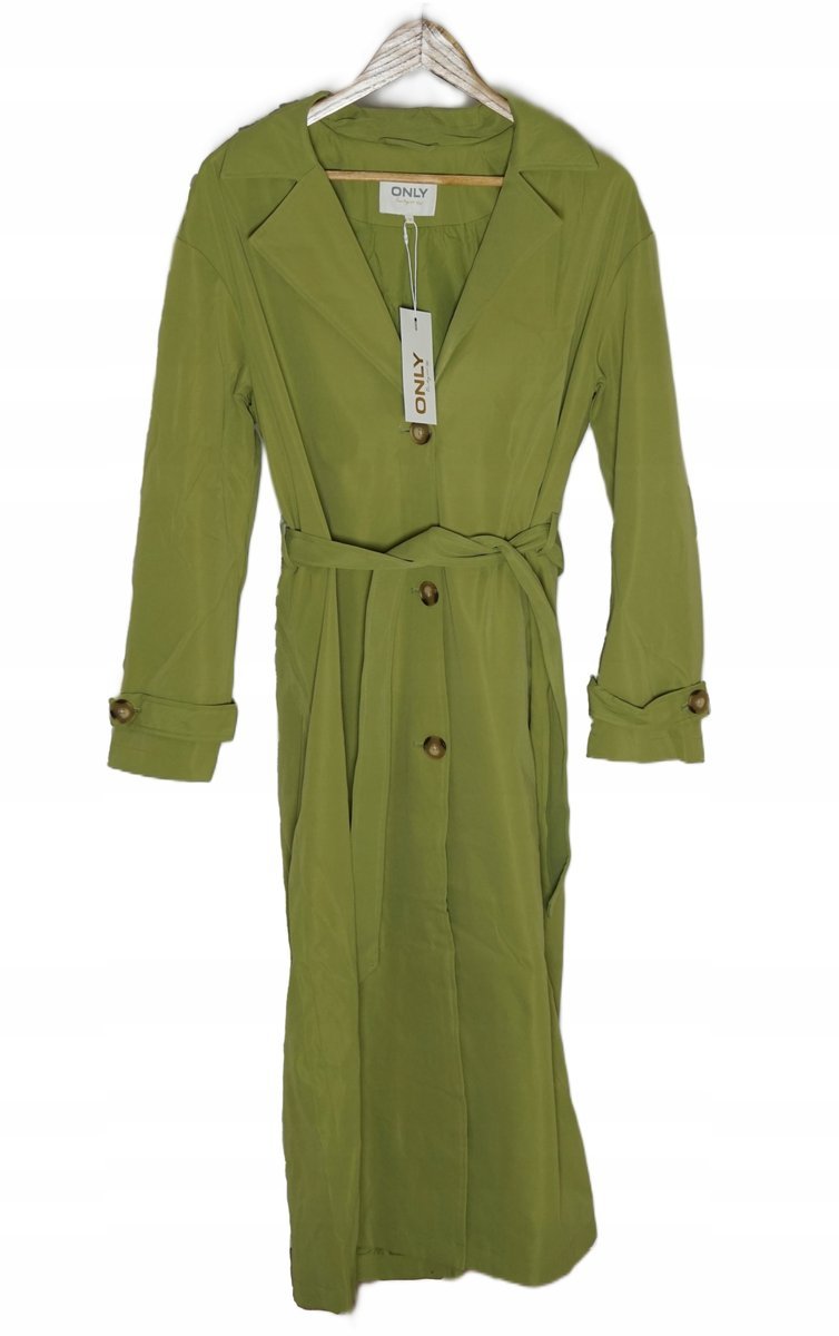 Only Zielony Klasyczny Płaszcz z Guzikami i Paskiem M K_a