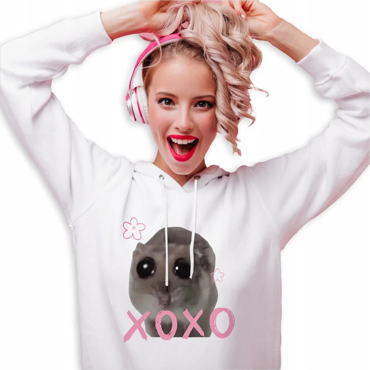 BLUZA DRESOWA Damska BIAŁA Z Kapturem Na Jesień Chomik Viral XOXO Wzory - M