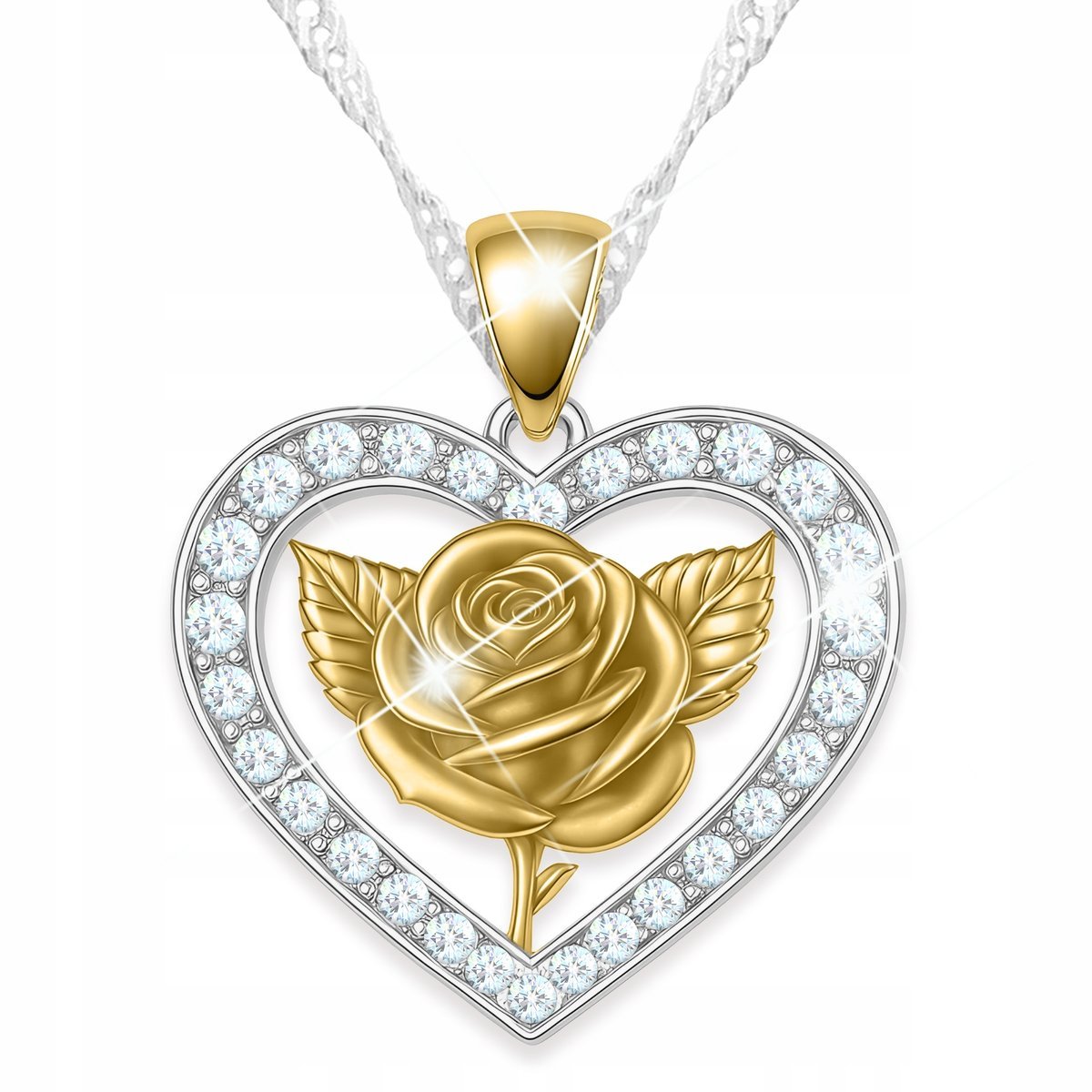 Naszyjnik Srebrny Serduszko z Kryształkami Kwiat Życia Róża Rose SREBRO 925