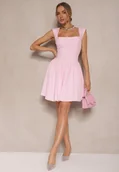 Sukienki - Różowa Sukienka o Rozkloszowanym Kroju z Kwadratowym Dekoltem Halivira - miniaturka - grafika 1
