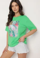 Koszulki i topy damskie - Zielony Bawełniany T-shirt z Ozdobnym Nadrukiem Delmari - miniaturka - grafika 1