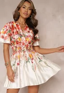 Sukienki - Beżowa Rozkloszowana Sukienka Mini z Kopertowym Dekoltem w Kwiaty Cecille - miniaturka - grafika 1