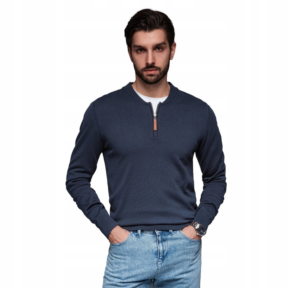 Sweter męski z wiskozą i rozpinanym dekoltem granatowy OM-SWZS-0124 V4 XL