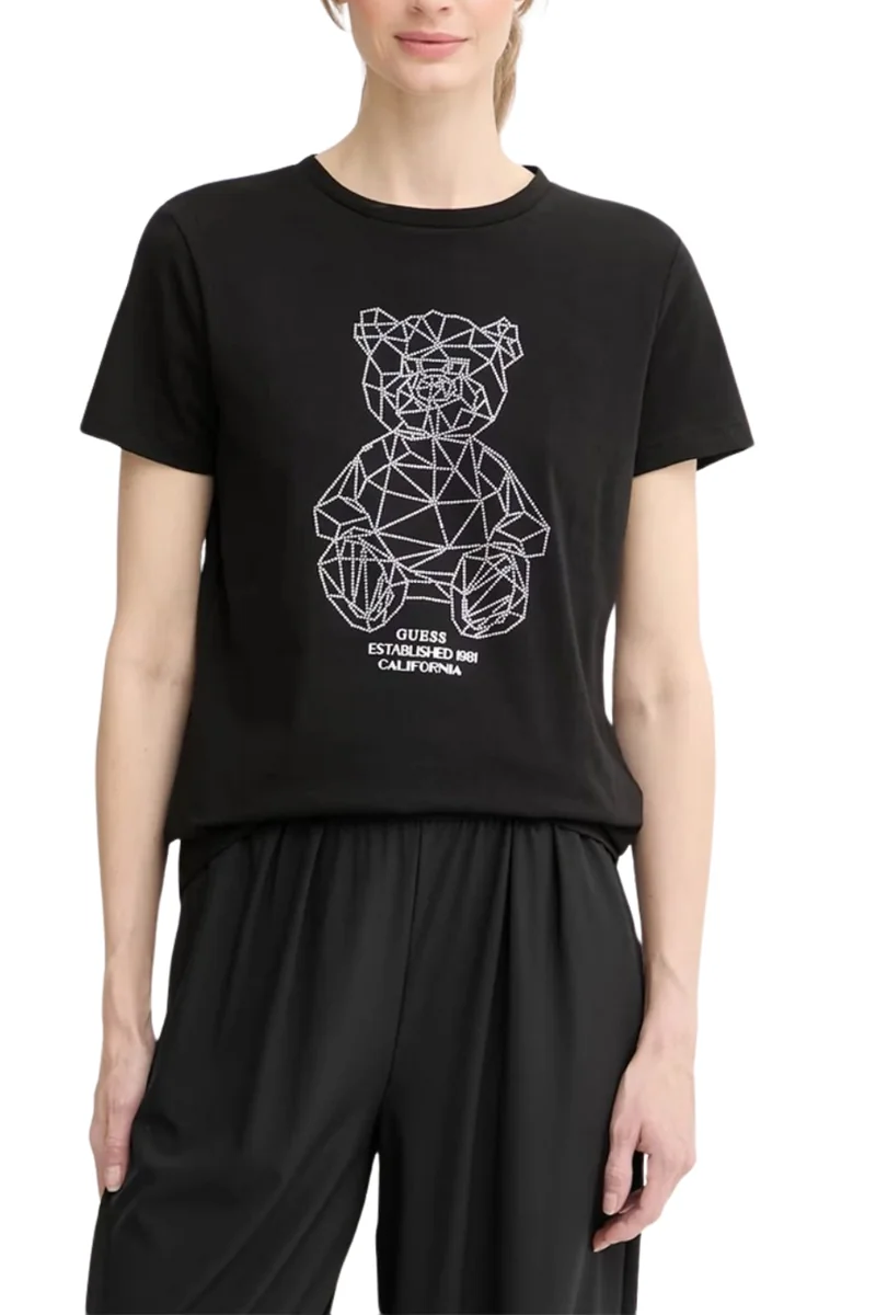GUESS Czarny damski t-shirt na krótki rękaw z cyrkoniami Romy L