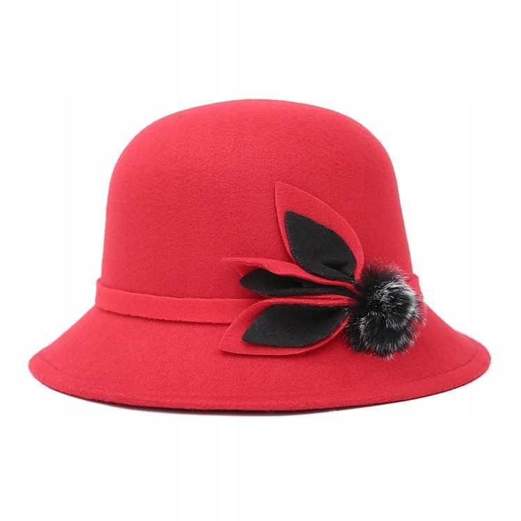 czerwony KAPELUSZ damski typu BUCKET elegancki CYLINDER do płaszcza