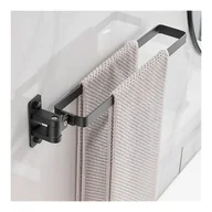 Wieszaki łazienkowe - Aluminiowy wieszak na ręczniki, uchwyt ścienny bez wiercenia, składana i obrotowa półka łazienkowa, czarny pojedynczy drążek - miniaturka - grafika 1