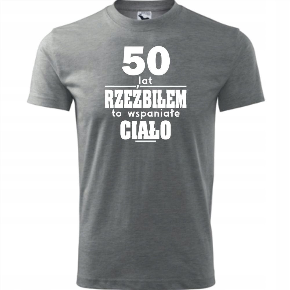 Męska Koszulka z Nadrukiem 50 lat rzeźbiłem to wspaniałe ciało na Prezent ciemnoszary melanż S