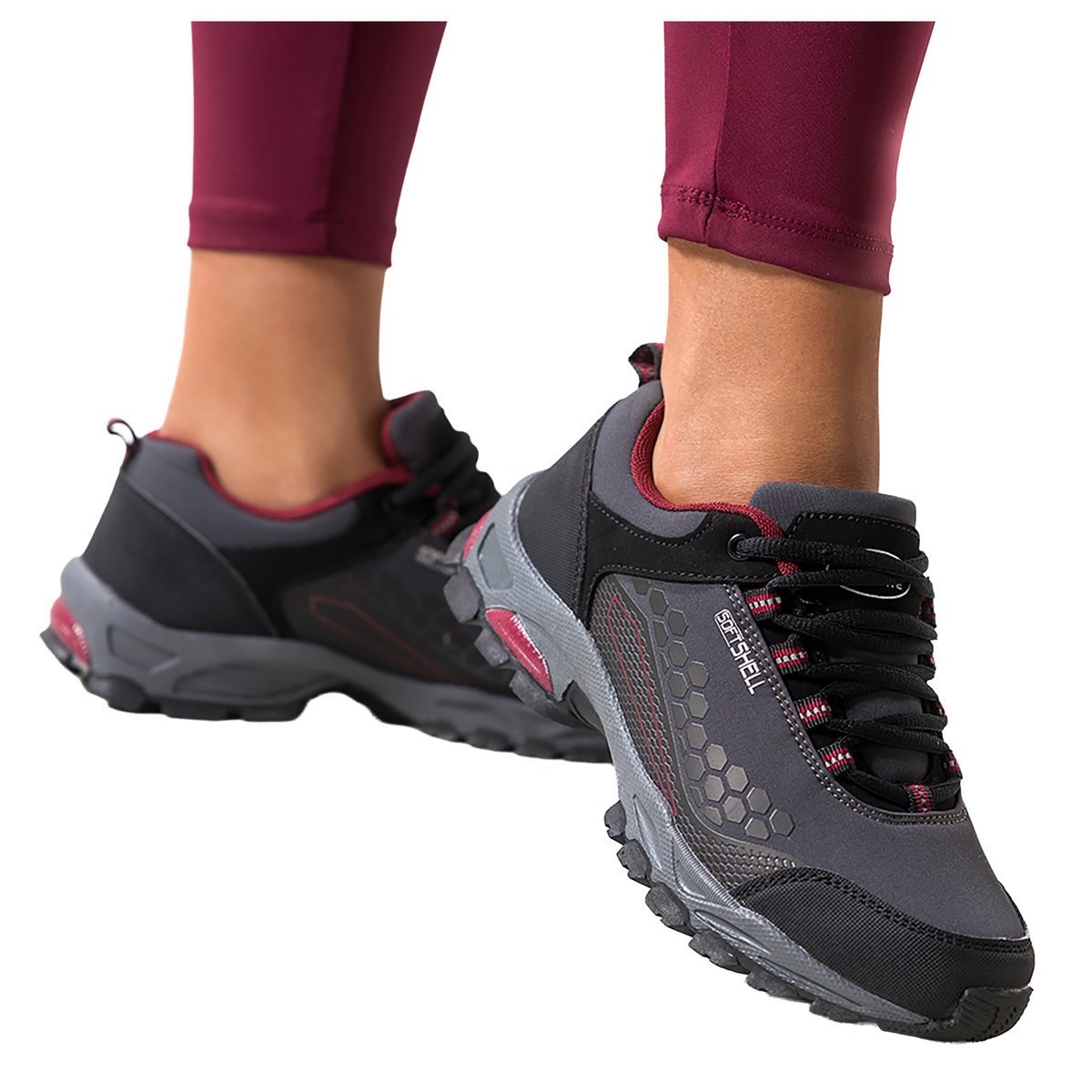 Szare buty trekkingowe damskie sznurowane z bordowymi wstawkami softshell Casu Y8187-2 -36