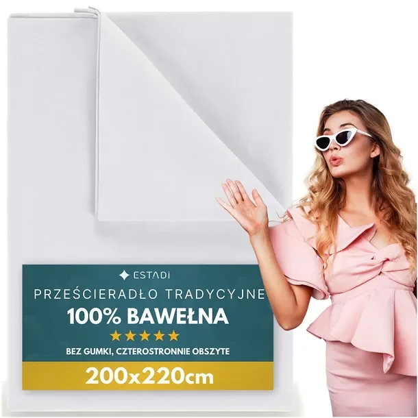Prześcieradło bez Gumki Tradycyjne 200x220 cm Bawełniane Polskie - BIAŁE