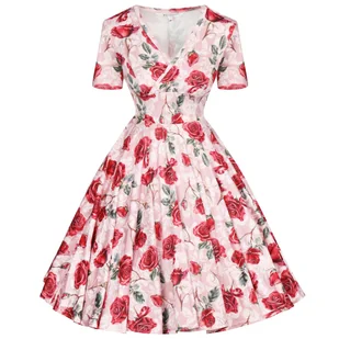 Sukienka PIN UP beżowa w czerwone róże kwiaty na komunie chrzest wesele - Sukienki - miniaturka - grafika 1