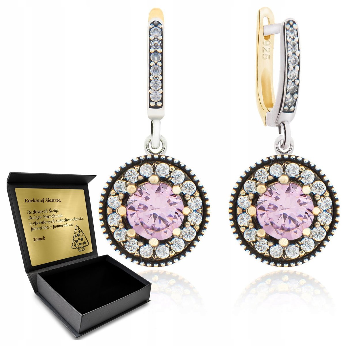 Kolczyki Srebrne 925 Z Cyrkoniami I Różowym Topazem Dla Kobiety + Grawer