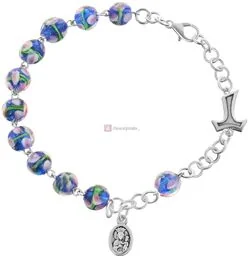 Różaniec bransoletka z krzyżem tau oraz medalikiem / szkło weneckie/ - Różańce - miniaturka - grafika 1