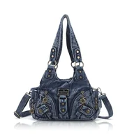 Torebki damskie - Angel Kiss Torebki damskie Small Hobo Shoulder Bags Vagen Leather Multi-Pocket Tote Bag z zamkiem błyskawicznym, Denim niebieski, S - miniaturka - grafika 1