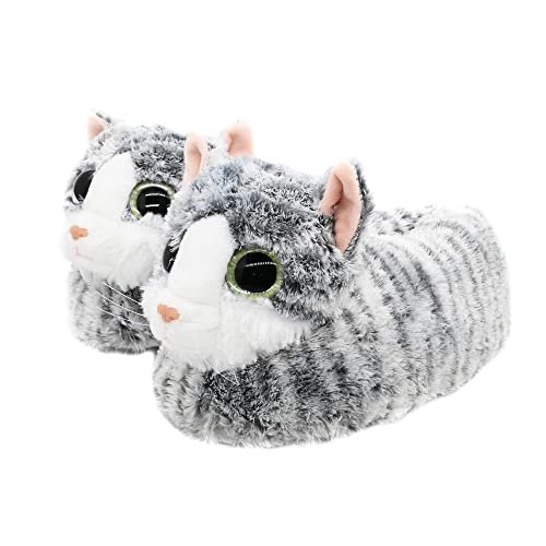 Onmygogo Damskie kapcie domowe do wnętrz, rozmyte, zimowe zwierzątko, kot plsch Soft Kitty, uroczy kot z dużymi oczami, szary, 8-10.5 M US
