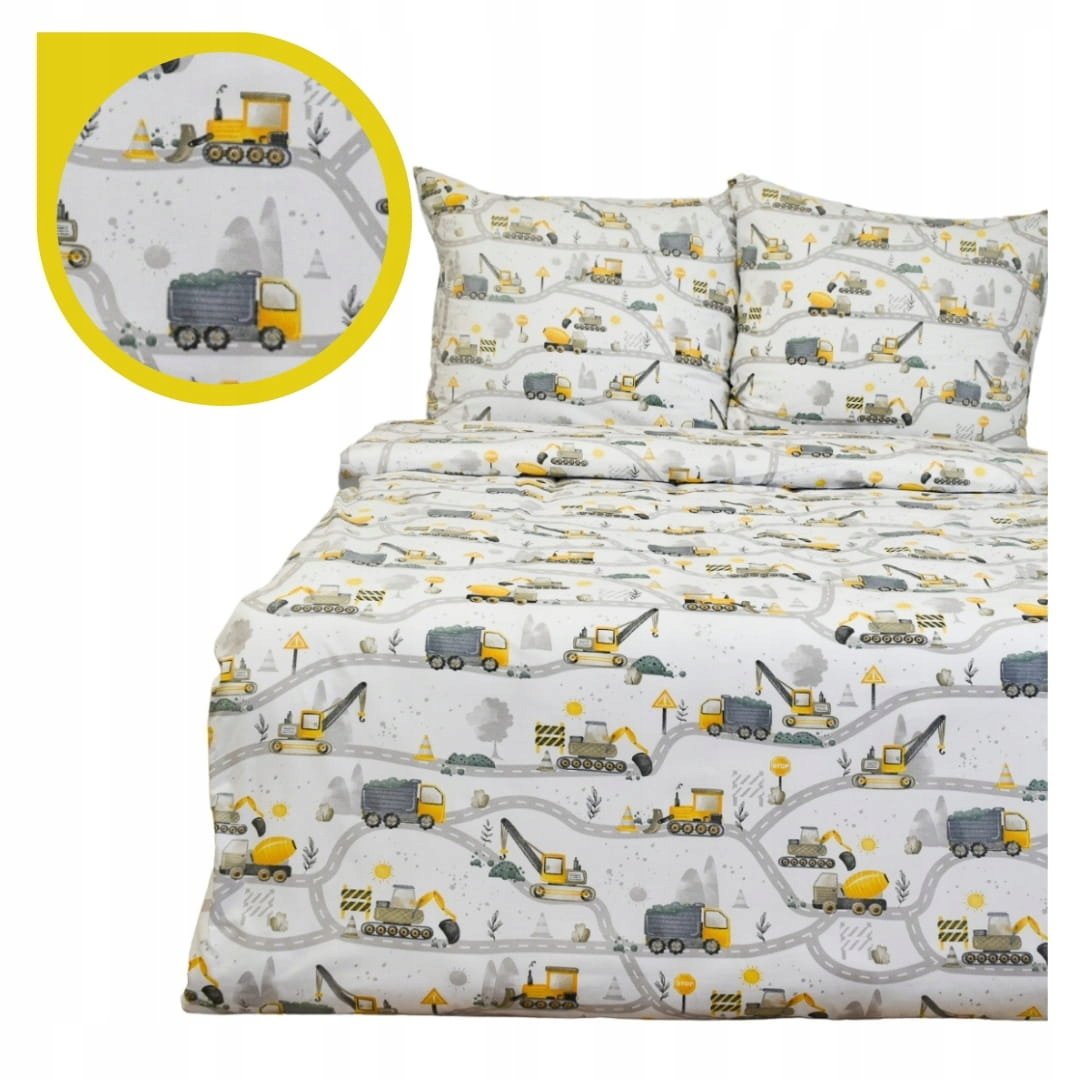 Pościel Dziecięca 160x200 2 x 50x60 Koparki Żółte Nowe Produkt Polski